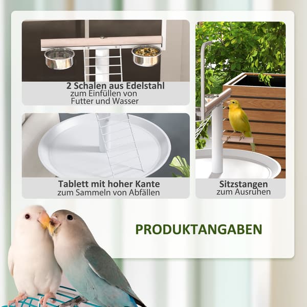Fuglestativ med foderstation, hjul, siddepinde, fuglefoder, fuglefoder med stige til have, altan, stål, hvid