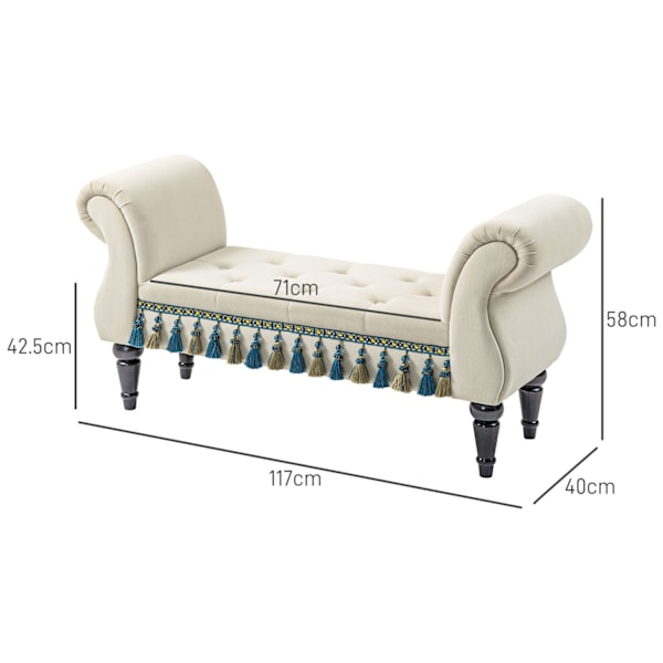 Polstret bænk soveværelse, med opbevaringsplads, armlæn, træben, vintage design, fløjl look, bæreevne 150 kg, 117 x 40 x 58 cm, beige