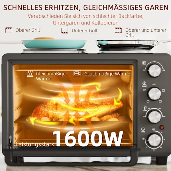 Miniugn 28 L 2600W Miniugn 100-230? 60 min. timer, med 2 värmeplåtar, bakplåt och grillgaller. Pizzaugn med smulbricka, plåthandtag svart Aosom
