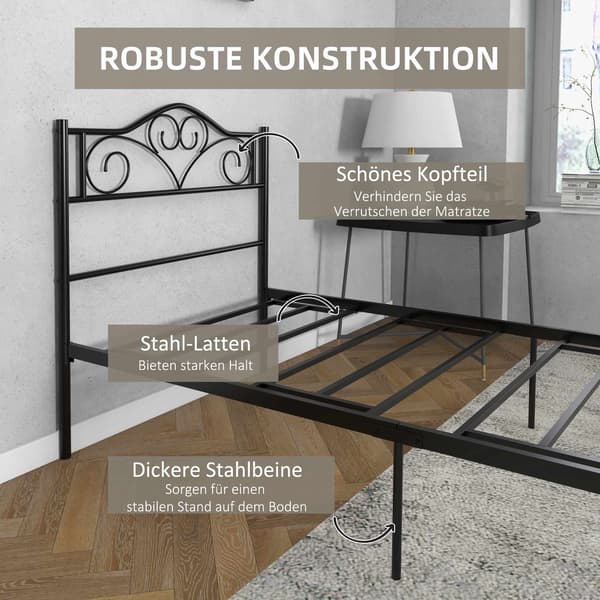 Enkeltsengestel, sort stål, 90x200 cm, opbevaringsplads