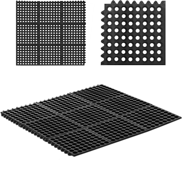 Gennembrudt anti-skrid gummi dørmåtte 92 x 92 x 1 cm sort