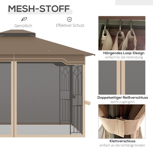 Garden Pavillon 3,65X3M Telt Med Dobbelttag & Myggenet, Metal, Brun+Beige