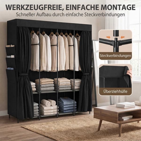 Bærbart stofgarderobe, støvtæt, sort, 170 x 45 x 167 cm