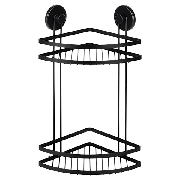 Duschhylla i svart metall med sugkoppar, hörn, 2-plan, 24x18x38 cm
