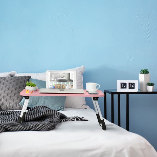 Pink Lapdesk med Tablet & Kopholder – Sammenfoldelig Sengebakke