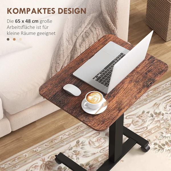 Höjdjusterbart laptopbord, med 4 hjul, 2 bromsar, 65 cm x 48 cm x 108 cm, med vev, broms, spånskiva, rustikbrun