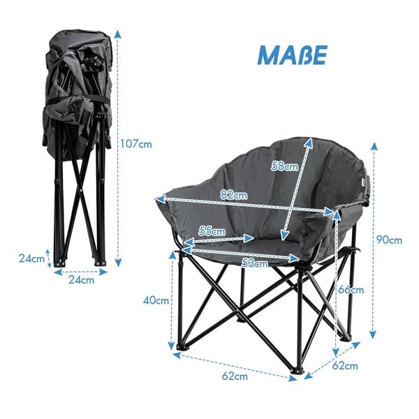 Oversized klap-campingstol med kopholder, grå