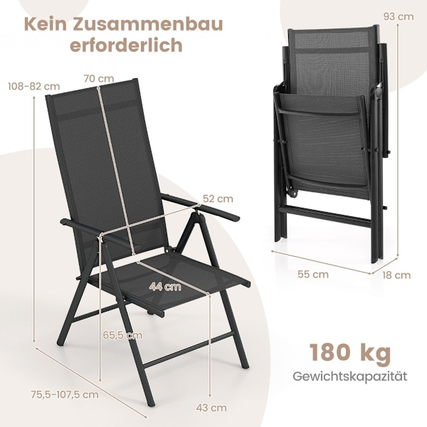 Havestole med 7-vejs justerbart ryglæn, klapstole, bæreevne op til 180 kg, sort, 1 stk.
