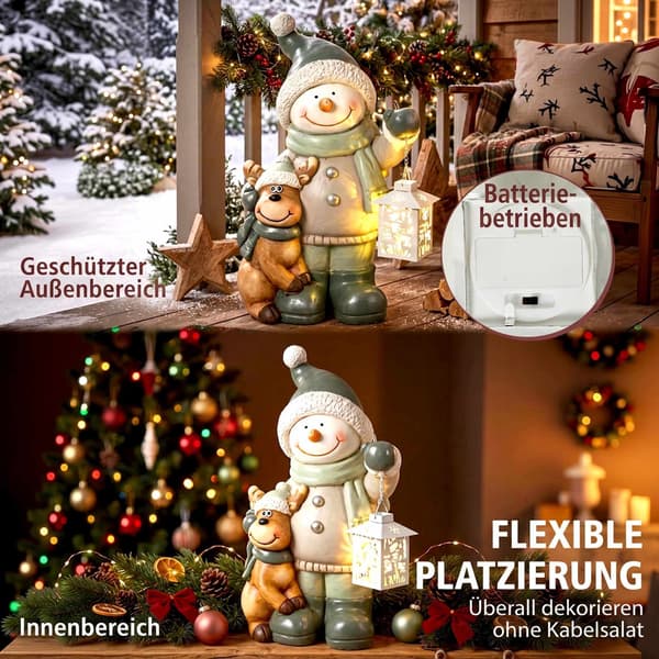 Snögubbefigur 43 cm med LED-lykta och timer