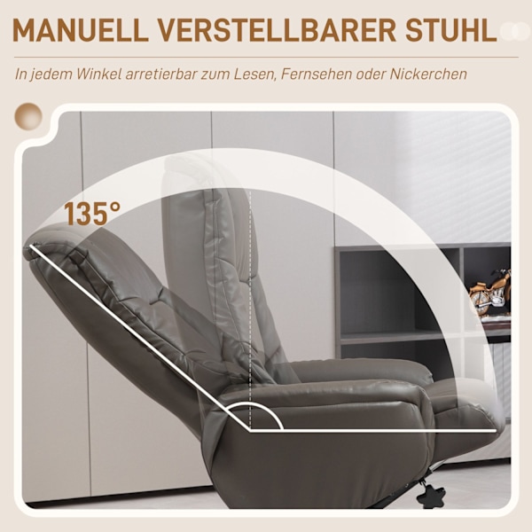 Avslappningsstol med pall, 360° vridbar, 130° tiltbar, med liggfunktion, högt ryggstöd, träram, konstläder, 76x85x104cm, svart