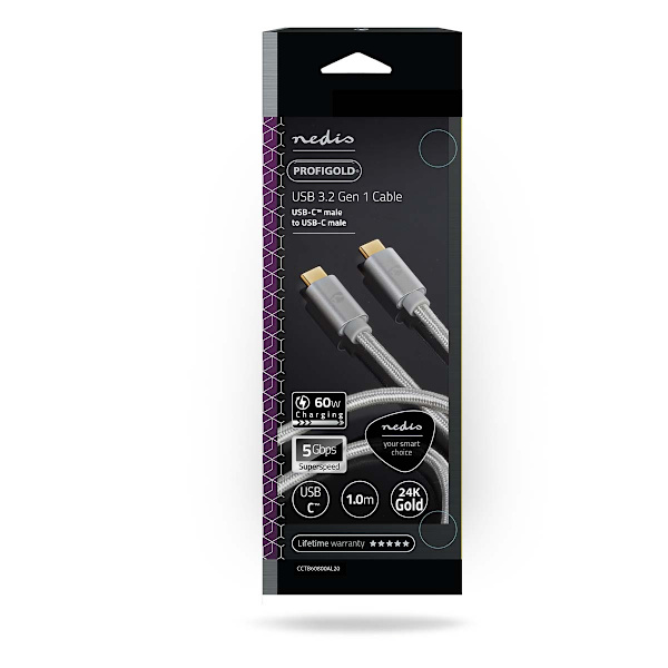 USB-kabel | USB 3.2 Gen 1 | USB-C™ Hane | USB-C™ Hane | 60 W | 4K@60Hz | 5 Gbps | Guldplaterad | 1.00 m | Rund | Flätad / Nylon | Aluminium | Kartong