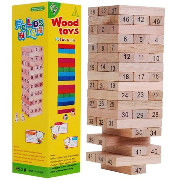 Stort Jenga-spelset i trä - 54 block & 4 tärningar