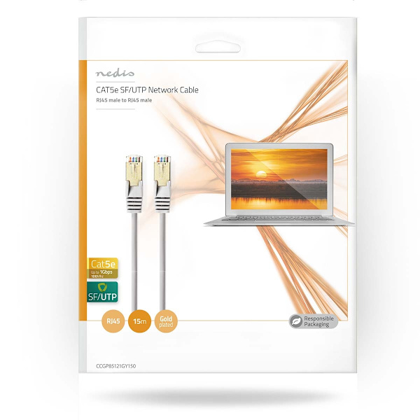 CAT5e verkkokaapeli | SF/UTP | RJ45 uros | RJ45 uros | 15.0 m | Pyöreä | PVC | Harmaa | Kirjekuori