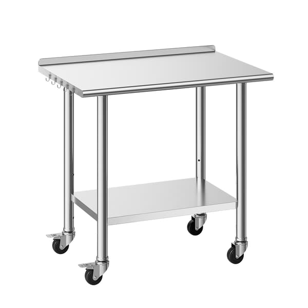 Arbejdsbord i rustfrit stål 91x61 cm, hjul, bagplade