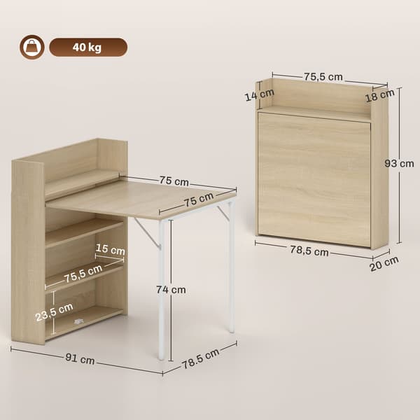 Sammenklappeligt spisebord med hylde, industrielt design, egetræ, pladsbesparende