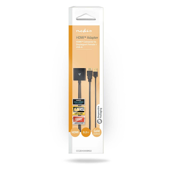 HDMI™ Adapter | HDMI™ Kontakt | DisplayPort Hane / USB-A Hane | Guldplaterad | Rak | PVC | Svart | 1 st. | Låda
