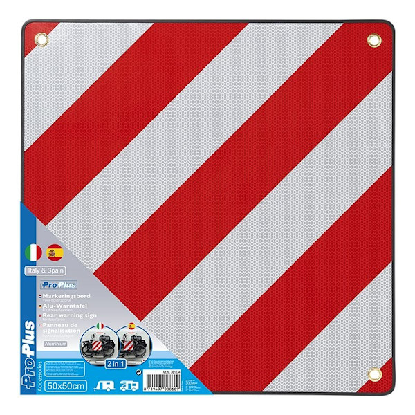 Bakre varningsskylt aluminium 50x50cm för Italien/Spanien 2 i 1