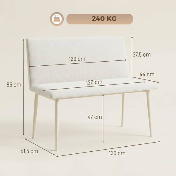 Matbänk i linne-look, armstödlös, 120 cm, metallben