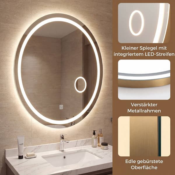 Oval LED-badrumsspegel, dimbar, 60x50 cm, 3 ljusfärger