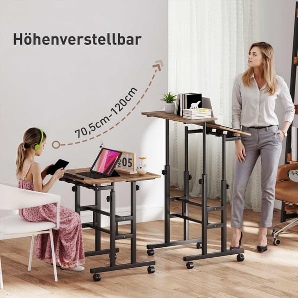Højdejusterbart skrivebord med hylde og hjul, rustik brun