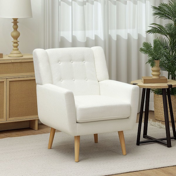 Fåtölj Vardagsrum Wing Stol Vadderad Tuftad Lounge Chair Avslappningsstol med Teddy Fleece Look Träben Klädd Stol för Sovrum Vit Aosom
