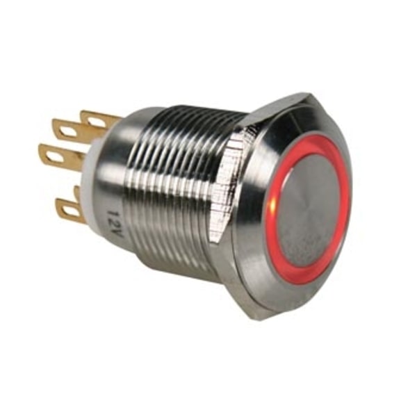 Tryckknapp i rostfritt stål Spdt 1No 1Nc - Röd Ring - 19Mm