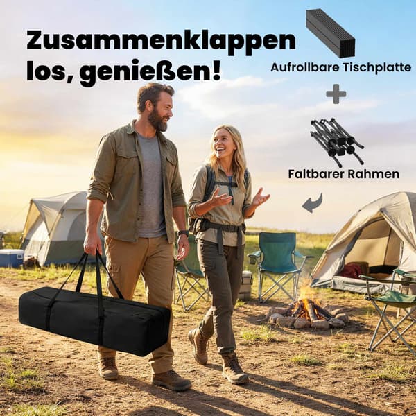 Bärbart hopfällbart campingbord med nätförvaring, svart