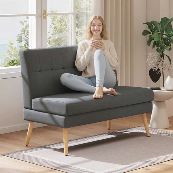 2-sitssoffa, tuftad rygg, träben, linne-look, grå