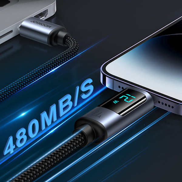 Kaapeli iPhonelle LED Lightning -näytöllä - USB-A 2.4A 1.2m musta