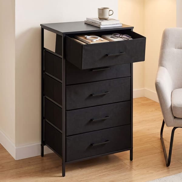 Sort stofkommode med 5 skuffer – metalramme, MDF-top