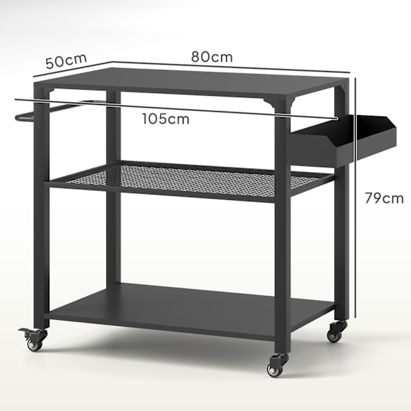 Grillvogn 3-etagers serveringsvogn med arbejdsflade hylder hjul, BBQ grillbord i rustfrit stål, grill sidebord, udendørs vogn, kulgrill til haven, ter