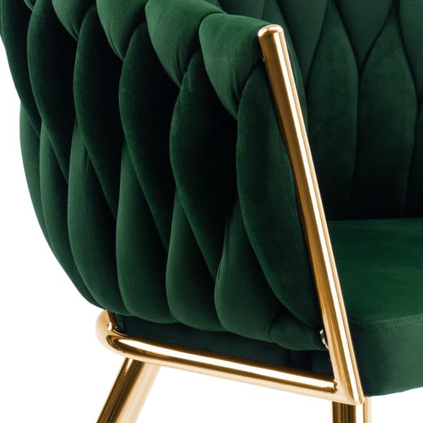 Matstol i sammet, guldfärgade ben, mörkgrön, flätad design