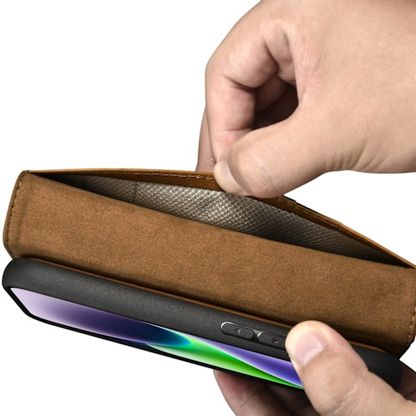 2-i-1 läder Flip Cover iPhone 14 Anti-RFID oljevax plånboksfodral ljusbrunt