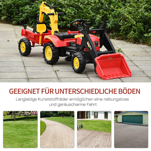 Pedaltraktor Med Släp, Pedalgrävare, Traktor Med Frontlastare, Barnpedaltraktorer Från 3 År, Grävmaskin, Barn, Stål, Plast, Röd, 179 X 42 X 59 Cm