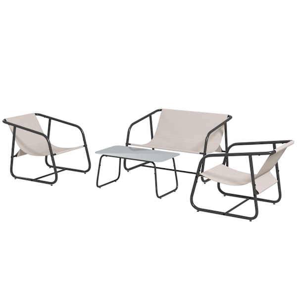 4 Stk. Havemøbelsæt, Siddegruppe Med 2 Lænestole, 1 To-Personers, 1 Sofabord Af Hærdet Glas, Havemøbler Til Altan, Terrasse, Mesh, Creme