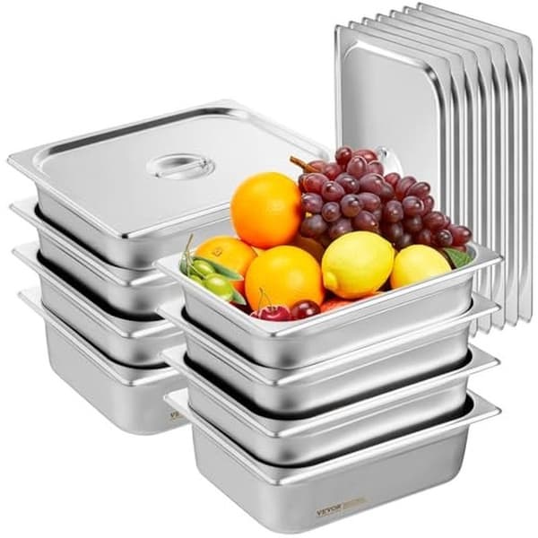Ångbordspannor i 1/2 storlek, rostfritt stål, 8-pack, lock, 10 cm