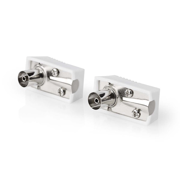 IEC (coax) | Vinklat | Hona | Nickelplaterad | 75 Ohm | Skruva | Kabel input diameter: 7.0 mm | Metall / PVC | Vit | 2 st. | Låda