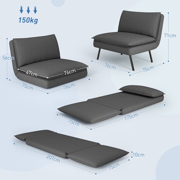 Gulvsofa 4-i-1 sammenfoldelig sovesofa med hørlook, polstret sovesofa kan holde op til 150 kg til soveværelse, stue, mørkegrå