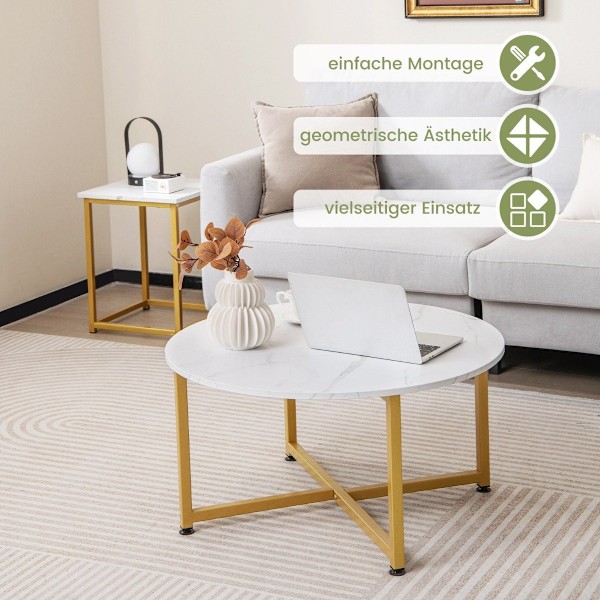 Set med 3 soffbord med robust metallstomme, runt soffbord och 2 fyrkantiga sidobord, vita