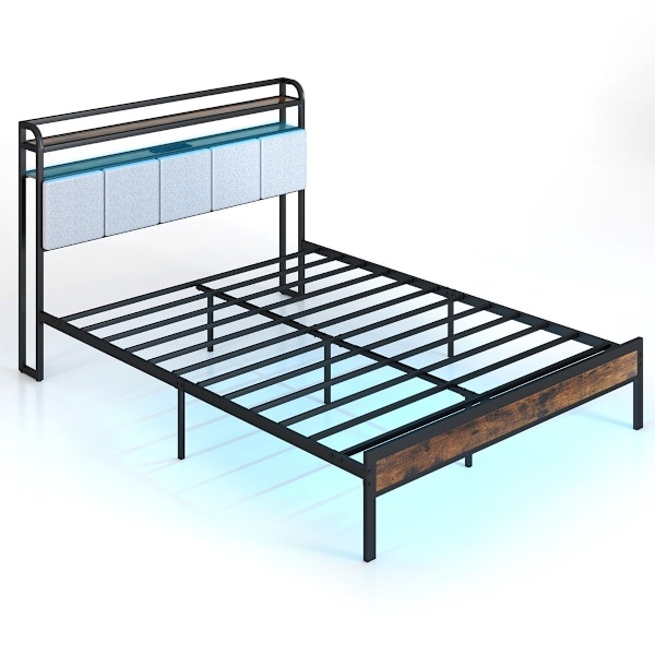 King Size sängram med LED-ljus & laddstation & vadderad sänggavel metallram sängram