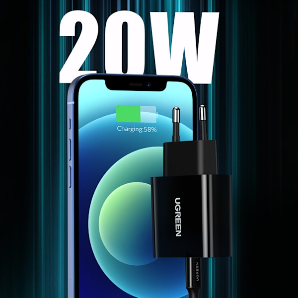 USB-C 20W Power Delivery telefonladdare, svart