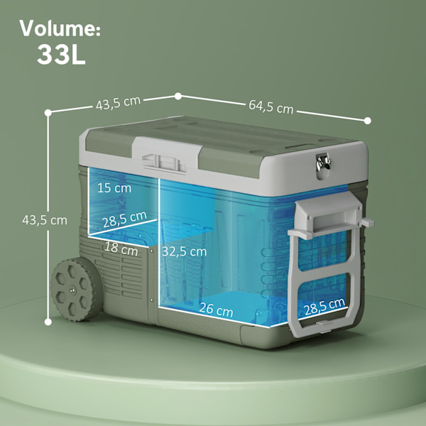 33 liters kompressor kylbox elektrisk kylbox med LED roller kylfunktion tyst frysbox termobox minikyl 12/230 volt för biluttag lastbil campingbåt grön