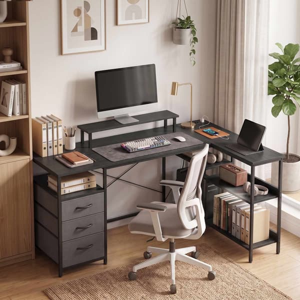 Vendbart L-formet skrivebord med skuffer, sort, 170 cm