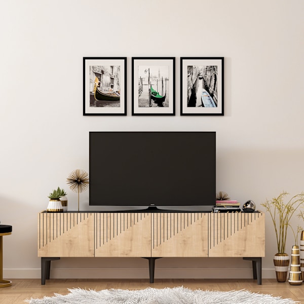 TV-telineen piirustus - Sapphire Oak, musta marmori
