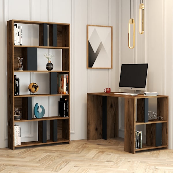 Studiebord og bogreol Lima - Valnød, antracit