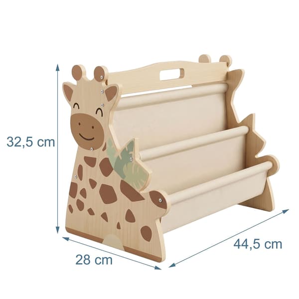 Barnbokhylla med 4 tygfickor – Giraffdesign