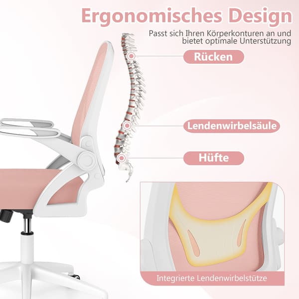 Ergonomisk kontorstol, lyserød, foldbare armlæn, lændestøtte