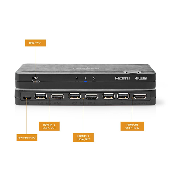 HDMI ™ Converter | USB-C™ Hun / 2x HDMI ™ -indgang / 4x USB A Female | 1x HDMI™ Output | 1-vejs | 4K@60Hz | 18 Gbps | ABS | Antracit