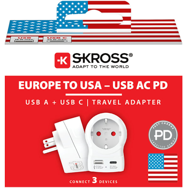 Strømadapter EU til US, USB-A/USB-C, 20W PD jordet