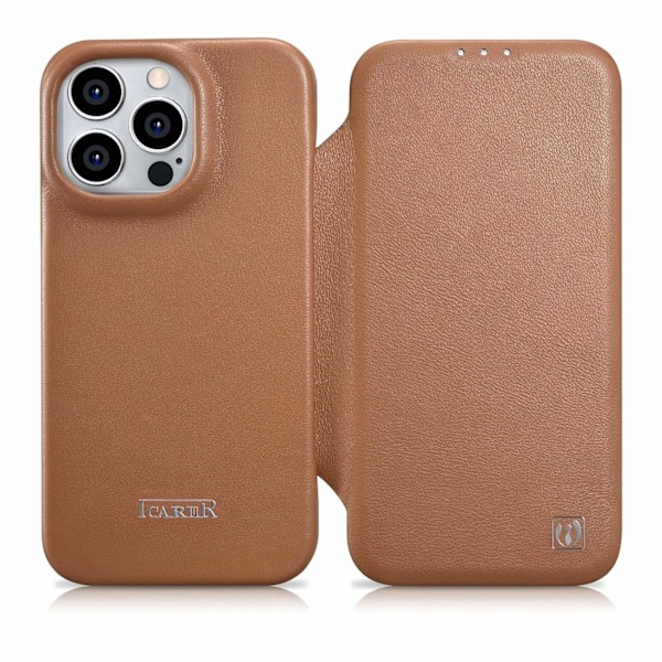 iPhone 14 Pro lædercover med klap magnetisk MagSafe CE Premium Læder lysebrun